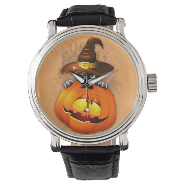Niedliche Hexenkatze und KürbisHalloween-Freunde Armbanduhr (Vorderseite)