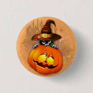 Niedliche Hexenkatze und KürbisHalloween-Freunde Button