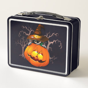 Niedliche Hexenkatze und KürbisHalloween-Freunde Metall Brotdose