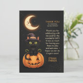 Niedliche Hexenkatze und Pumpkin Geburtstag Dankeskarte (Stehend Vorderseite)
