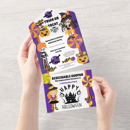 Niedliche Hexenkinder halloween Coupon-Party All In One Einladung (Abreißen)
