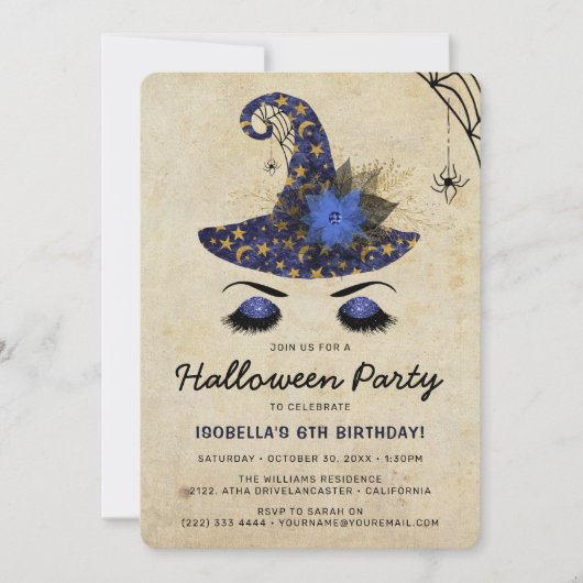Niedliche Hexenmädchen Halloween Kinder Blauer Geb Einladung (Vorderseite)