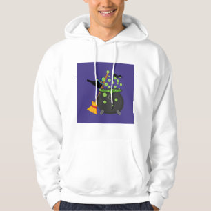 Niedliche Hexenzange mit Blick auf einen blühenden Hoodie