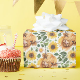 Niedliche Highland Cows & Yellow Sunflower Blume Geschenkpapier