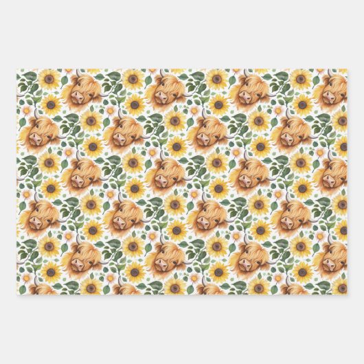 Niedliche Highland Cows & Yellow Sunflower Blume Geschenkpapier Set (Vorderseite)