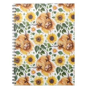 Niedliche Highland Cows & Yellow Sunflower Blume Notizblock