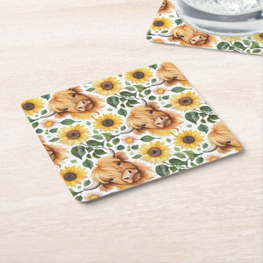 Niedliche Highland Cows & Yellow Sunflower Blume Rechteckiger Pappuntersetzer (angewinkelt)