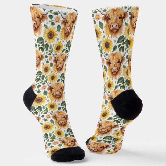 Niedliche Highland Cows & Yellow Sunflower Blume Socken (Gewinkelt)