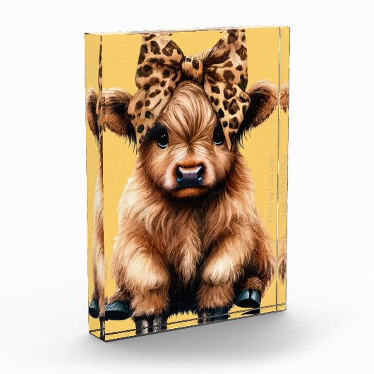 Niedliche Highland Kuh mit Bow Yellow Fotoblock (Links)