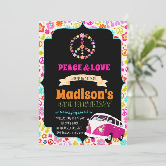 Niedliche Hippie-Party Einladung (Stehend Vorderseite)