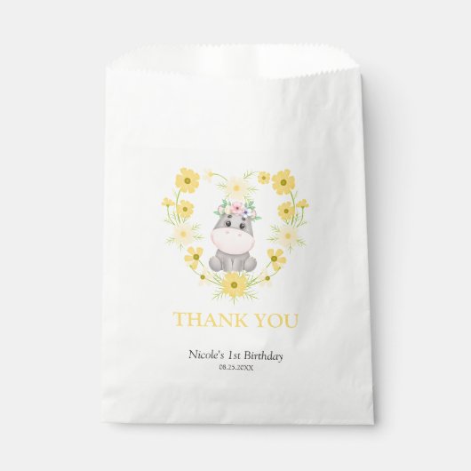 Niedliche Hippo-Gelbe Blume Herzstück Geburtstag V Geschenktütchen (Vorderseite)