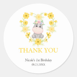 Niedliche Hippo-Gelbe Blume Herzstück Geburtstag V Runder Aufkleber