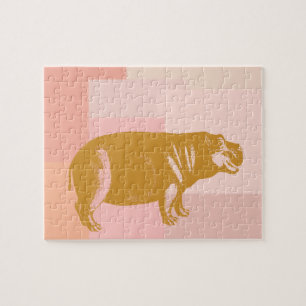 Niedliche Hippo-Illustration in Rosa und Gold Puzzle