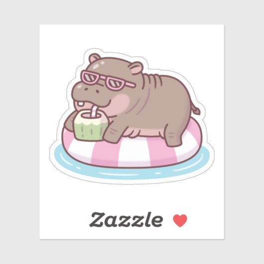 Niedliche Hippo-Kälte im Schwimmbad mit Kokosnuss  Aufkleber (Blatt)