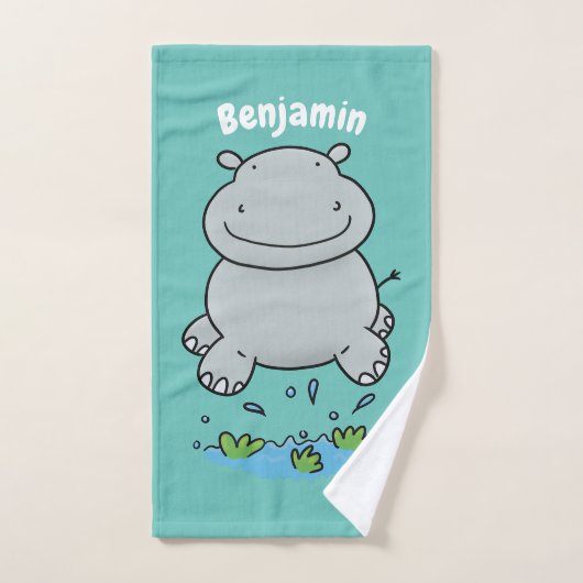 Niedliche Hippo Springen Cartoon-Abbildung Badhandtuch Set (Handtuch)