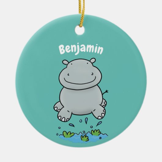 Niedliche Hippo Springen Cartoon-Abbildung Keramik Ornament (Vorne)