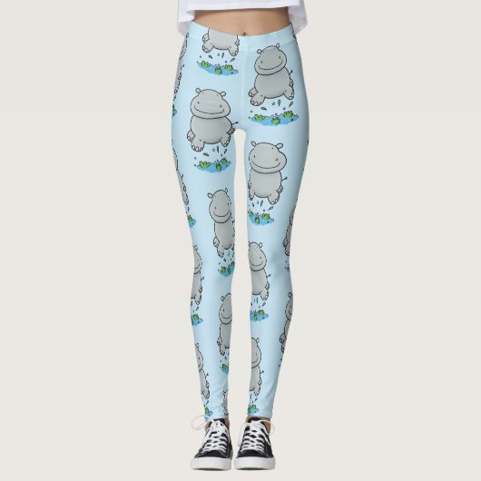 Niedliche Hippo Springen Cartoon-Abbildung Leggings (Vorderseite)
