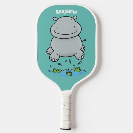 Niedliche Hippo Springen Cartoon-Abbildung Pickleball Schläger (Rückseite)