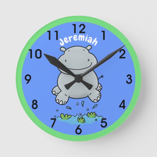 Niedliche Hippo Springen Cartoon-Abbildung Runde Wanduhr (Vorderseite)