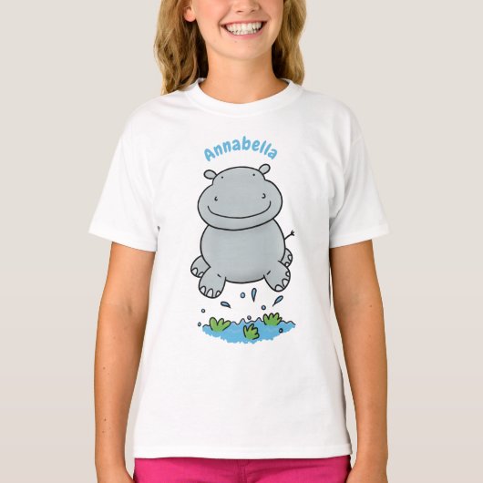 Niedliche Hippo Springen Cartoon-Abbildung T-Shirt (Vorderseite)