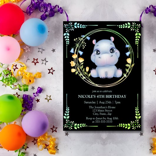 Niedliche Hippopotamus-Blume Wreath 4. Geburtstag  Einladung