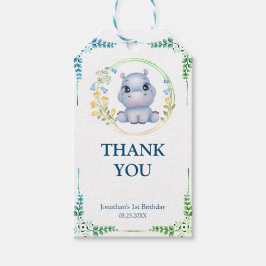 Niedliche Hippopotamus Blume Wreath Geburtstag Vie Geschenkanhänger (Vorderseite)