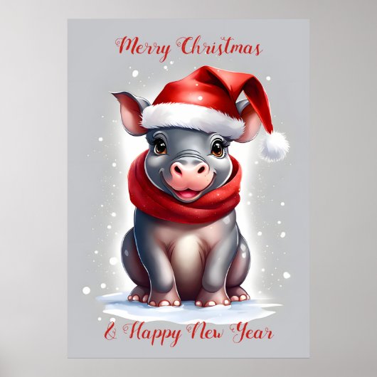 Niedliche Hippopotamus-Weihnachtsmannmütze Neujahr Poster (Vorne)