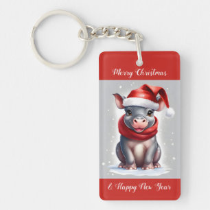 Niedliche Hippopotamus-Weihnachtsmannmütze Neujahr Schlüsselanhänger