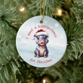Niedliche Hippopotamus Weihnachtsmannmütze Schnee Keramik Ornament