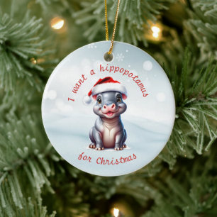 Niedliche Hippopotamus Weihnachtsmannmütze Schnee Keramik Ornament