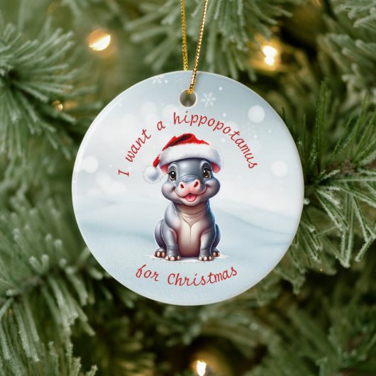 Niedliche Hippopotamus Weihnachtsmannmütze Schnee Keramik Ornament (Baum)