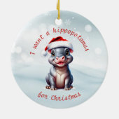 Niedliche Hippopotamus Weihnachtsmannmütze Schnee  Keramik Ornament (Hinten)
