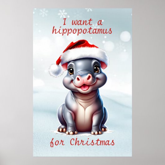 Niedliche Hippopotamus Weihnachtsmannmütze Schnee Poster (Vorne)