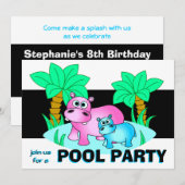 Niedliche Hippos Pool-Party Einladung (Vorne/Hinten)