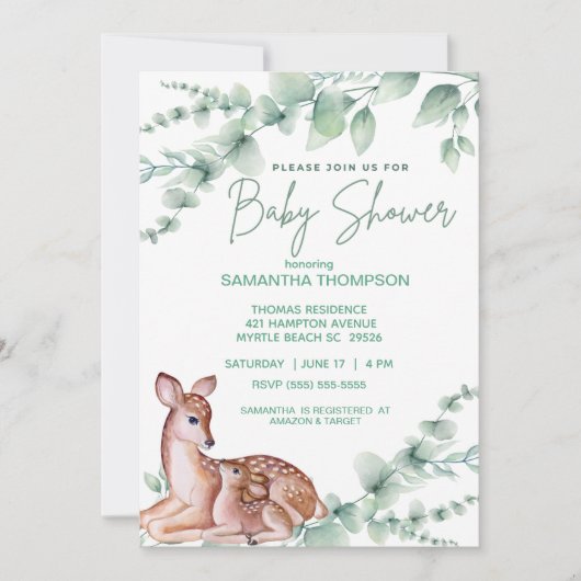 Niedliche Hirsche Mama Grünpflanzen Kinderdusche Einladung (Vorderseite)