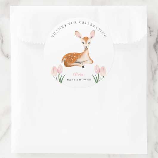 Niedliche Hirschpink-Blütendusche Runder Aufkleber (Tasche)