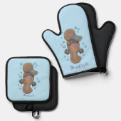 Niedliche Hochglanztuch-Cartoon-Abbildung Ofenhandschuh & Topflappen-Set (Vorderseite/Rückseite)
