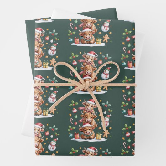 Niedliche Hochland Kuh Weihnachtsbäume Heiße Kakao Geschenkpapier Set (Beispiel)