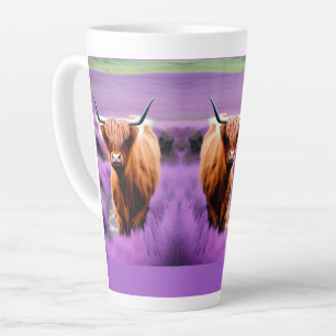 Niedliche Hochlandkuh auf Lavendelfeldern Milchtasse