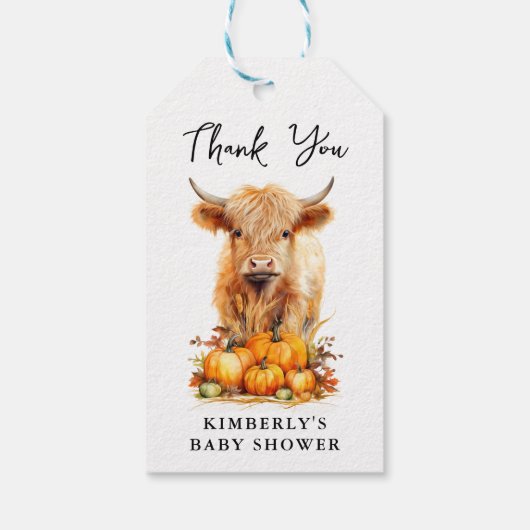 Niedliche Hochlandkuh Herbst Pumpkins Kinderdusche Geschenkanhänger (Rückseite)