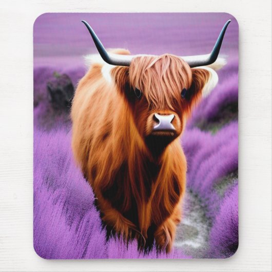 Niedliche Hochlandkuh im Lavenderfeld Mousepad (Vorne)