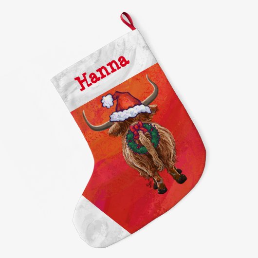 Niedliche Hochlandkuh in Weihnachtsmannmütze auf R Großer Weihnachtsstrumpf (Rückseite (Hängend))