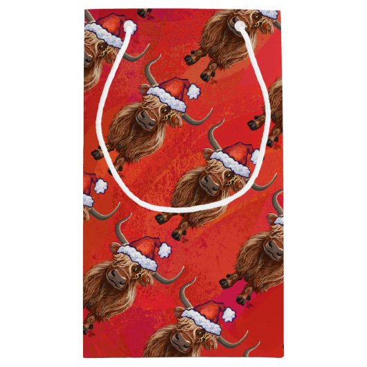 Niedliche Hochlandkuh in Weihnachtsmannmütze Muste Kleine Geschenktüte (Rückseite)