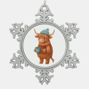 Niedliche Hochlandkuh mit Kaffee - Gemütlich Winte Schneeflocken Zinn-Ornament