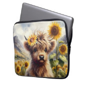 Niedliche Hochlandkuh mit Sonnenblumen Laptopschutzhülle (Vorderseite Links)