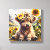 Niedliche Hochlandkuh mit Sonnenblumen Leinwanddruck (Vorderseite)