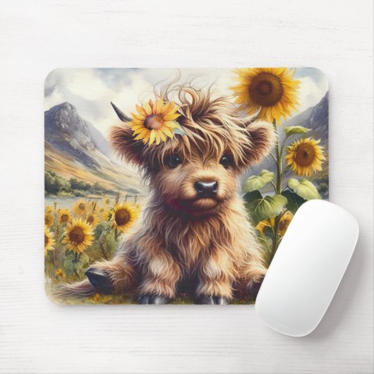 Niedliche Hochlandkuh mit Sonnenblumen Mousepad (Mit Mouse)