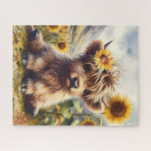 Niedliche Hochlandkuh mit Sonnenblumen Puzzle (Horizontal)