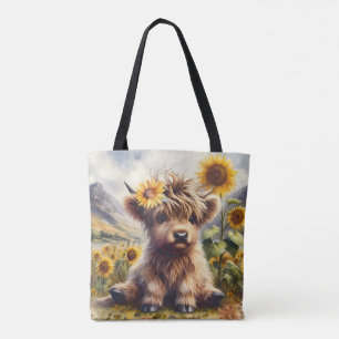 Niedliche Hochlandkuh mit Sonnenblumen Tasche