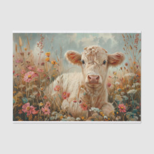 Niedliche Hochlandkuh mit Wildblumen für Decoupage Seidenpapier